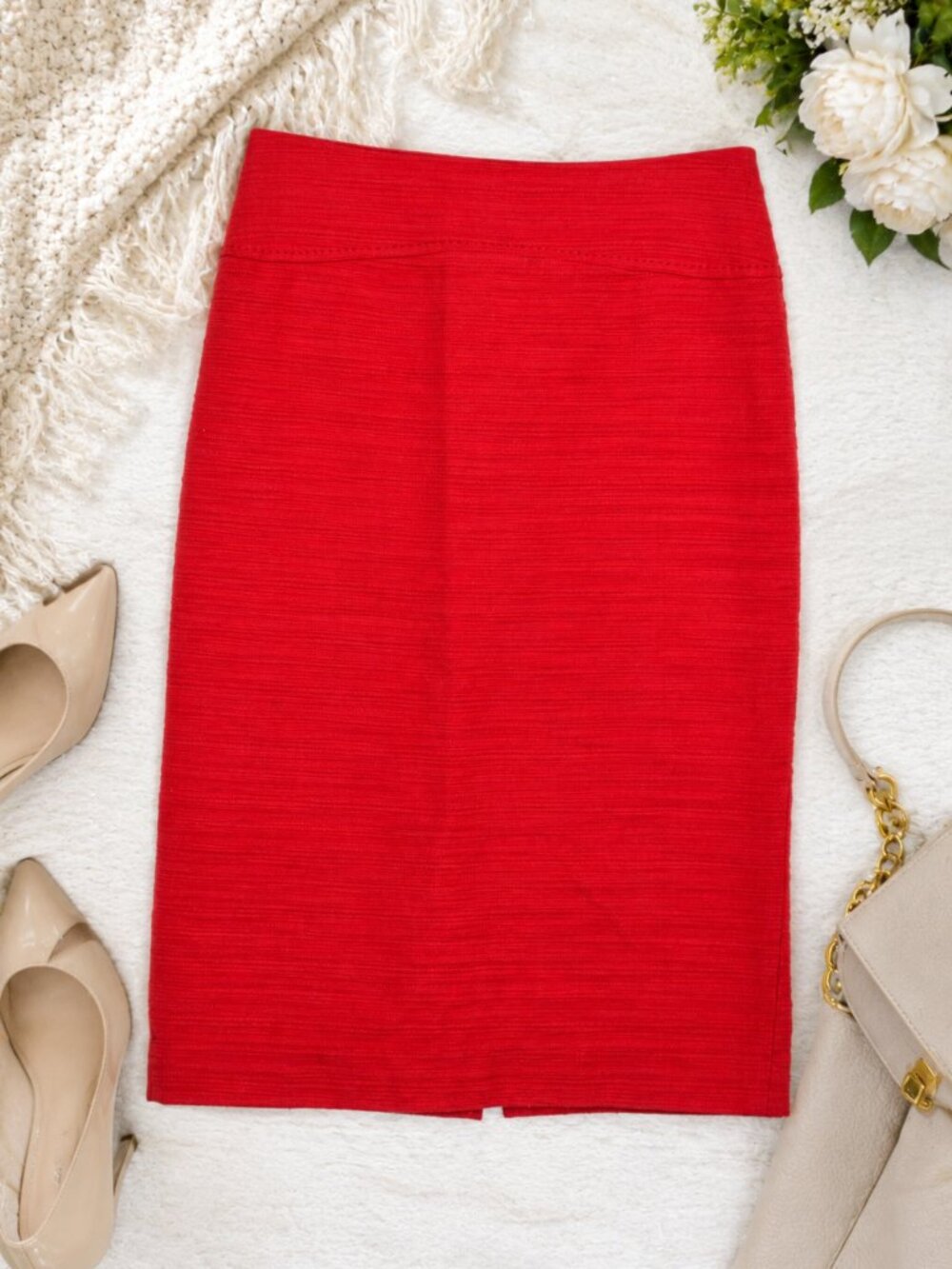Anthropologie Moulinette Soeurs Cotton/Linen Lined Red Pencil Skirt, Size 2